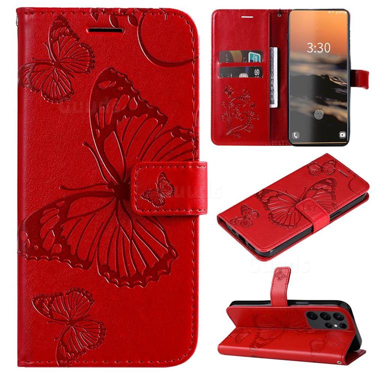 Embossing 3D Butterfly Leather Wallet Case for Samsung Galaxy S23 Ultra - Red