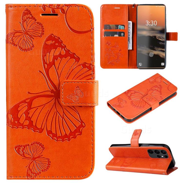 Embossing 3D Butterfly Leather Wallet Case for Samsung Galaxy S23 Ultra - Orange
