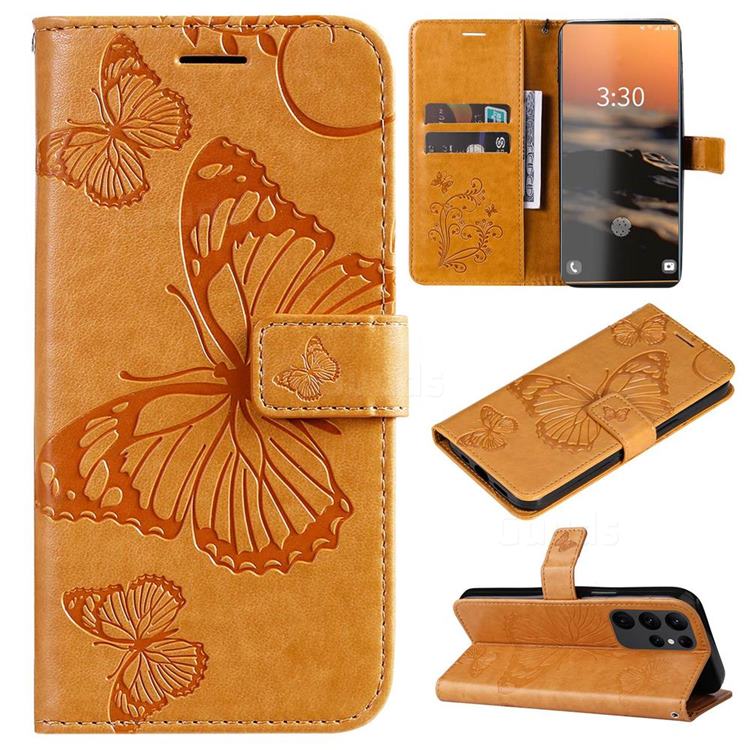 Embossing 3D Butterfly Leather Wallet Case for Samsung Galaxy S23 Ultra - Yellow