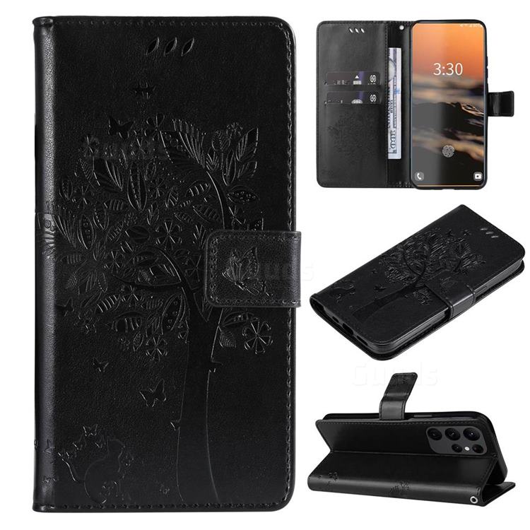 Embossing Butterfly Tree Leather Wallet Case for Samsung Galaxy S23 Ultra - Black