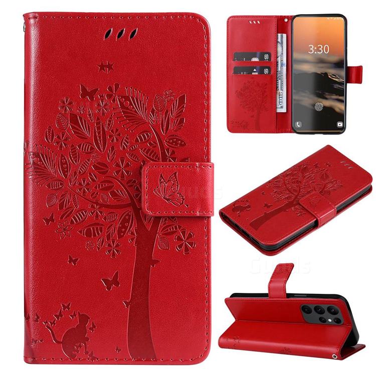 Embossing Butterfly Tree Leather Wallet Case for Samsung Galaxy S23 Ultra - Red