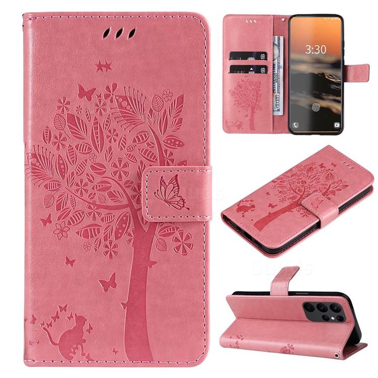 Embossing Butterfly Tree Leather Wallet Case for Samsung Galaxy S23 Ultra - Pink