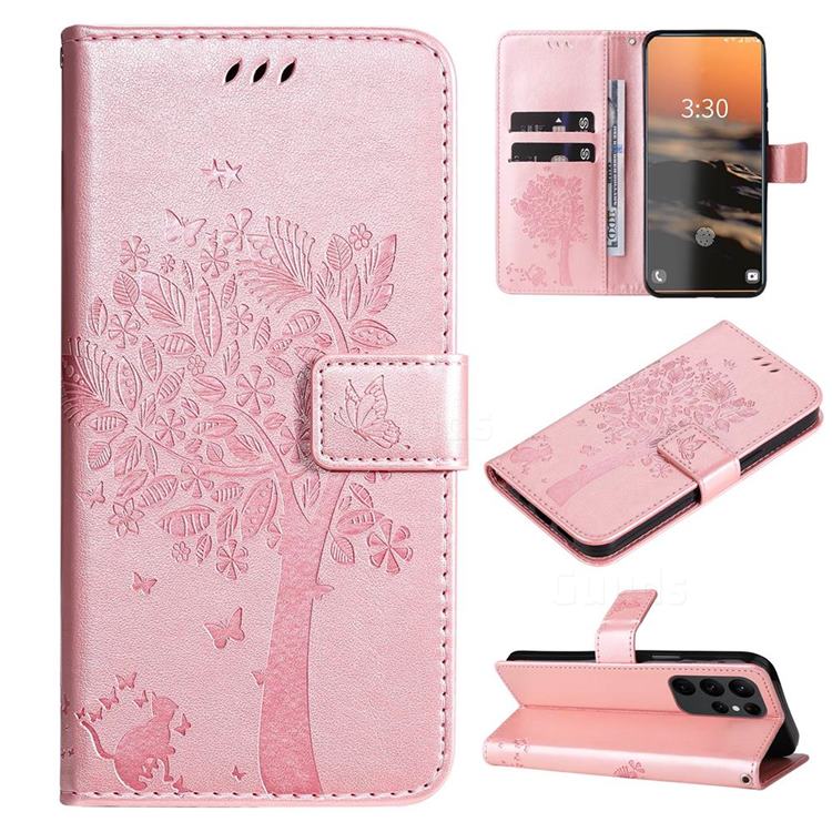 Embossing Butterfly Tree Leather Wallet Case for Samsung Galaxy S23 Ultra - Rose Pink