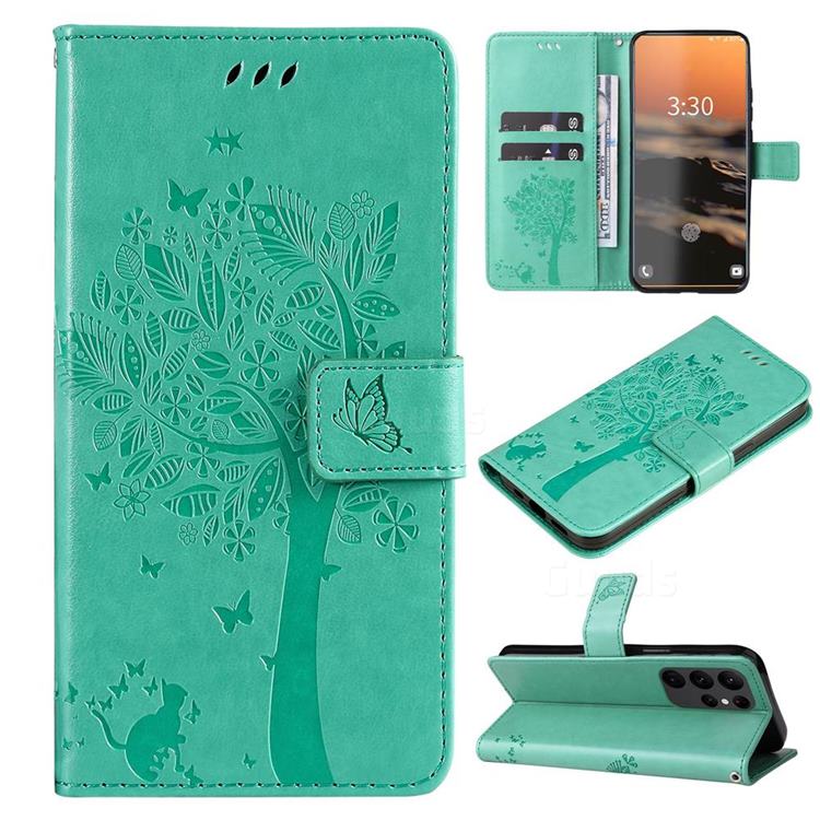 Embossing Butterfly Tree Leather Wallet Case for Samsung Galaxy S23 Ultra - Cyan