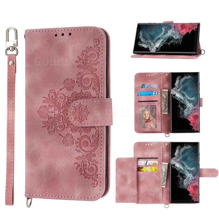 Skin Feel Embossed Lace Flower Multiple Card Slots Leather Wallet Phone Case for Samsung Galaxy S23 Ultra - Pink