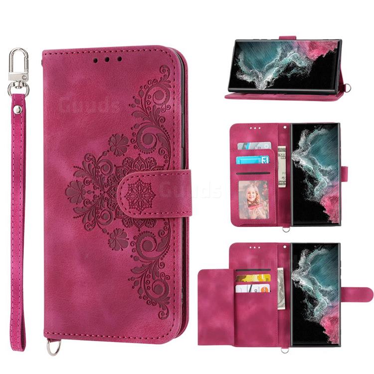 Skin Feel Embossed Lace Flower Multiple Card Slots Leather Wallet Phone Case for Samsung Galaxy S23 Ultra - Claret Red