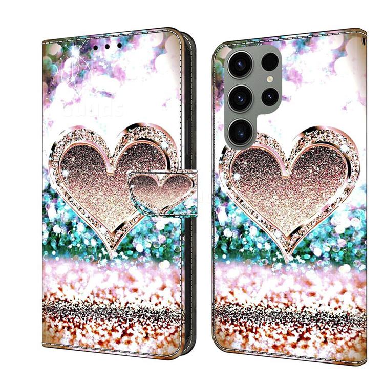 Pink Diamond Heart Crystal PU Leather Protective Wallet Case Cover for Samsung Galaxy S23 Ultra