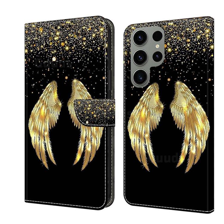 Golden Angel Wings Crystal PU Leather Protective Wallet Case Cover for Samsung Galaxy S23 Ultra
