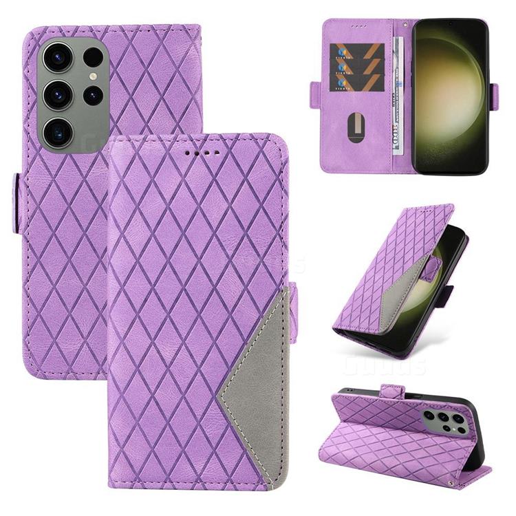 Grid Pattern Splicing Protective Wallet Case Cover for Samsung Galaxy S23 Ultra - Purple