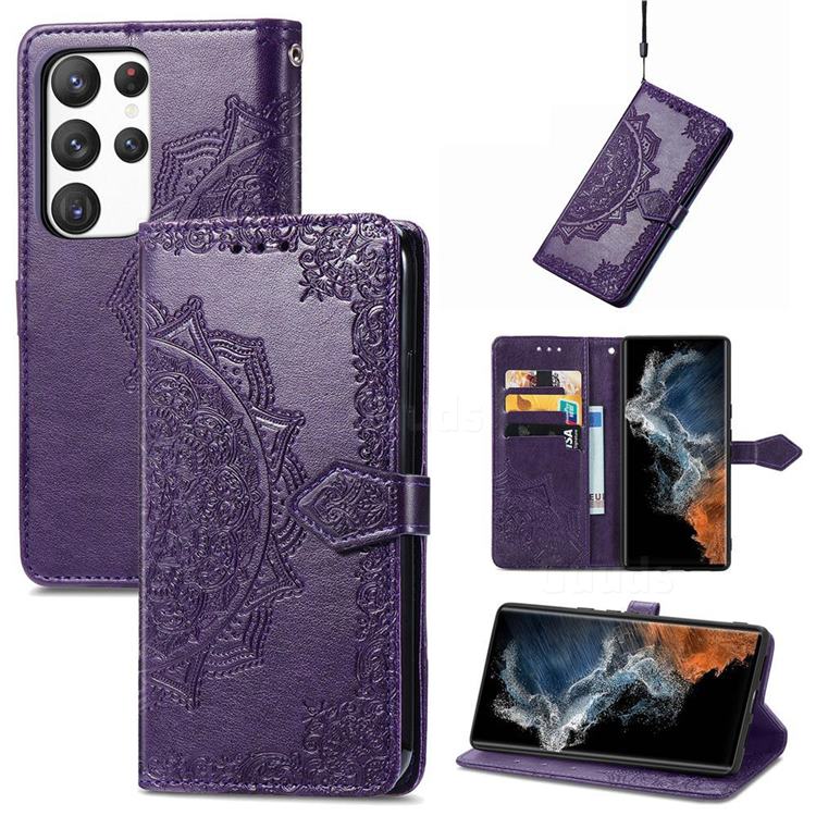 Embossing Imprint Mandala Flower Leather Wallet Case for Samsung Galaxy S23 Ultra - Purple