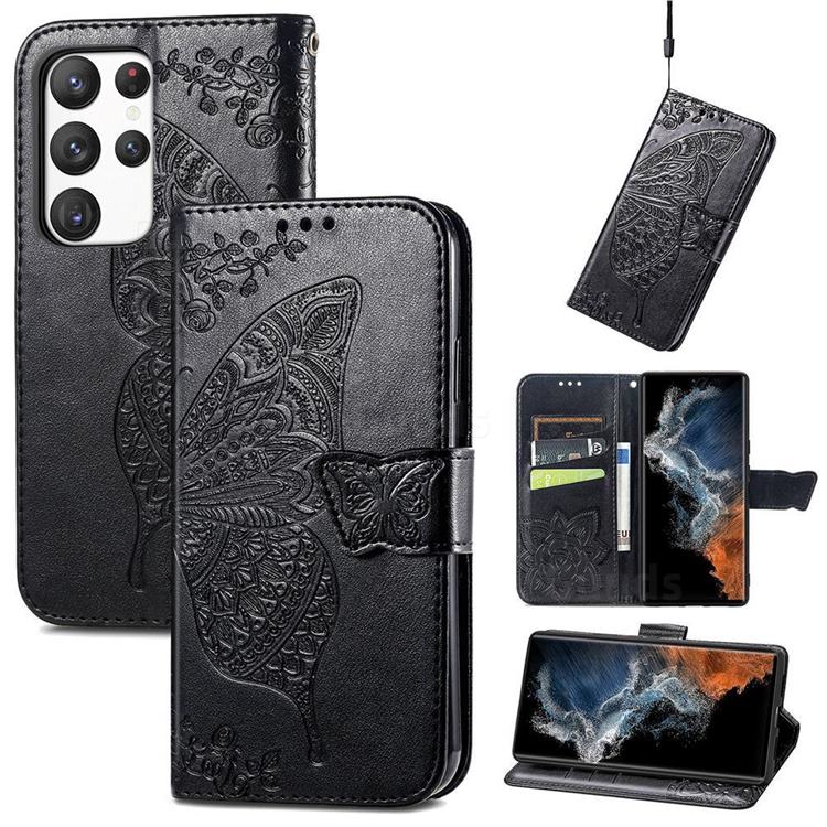 Embossing Mandala Flower Butterfly Leather Wallet Case for Samsung Galaxy S23 Ultra - Black