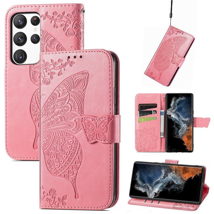 Embossing Mandala Flower Butterfly Leather Wallet Case for Samsung Galaxy S23 Ultra - Pink