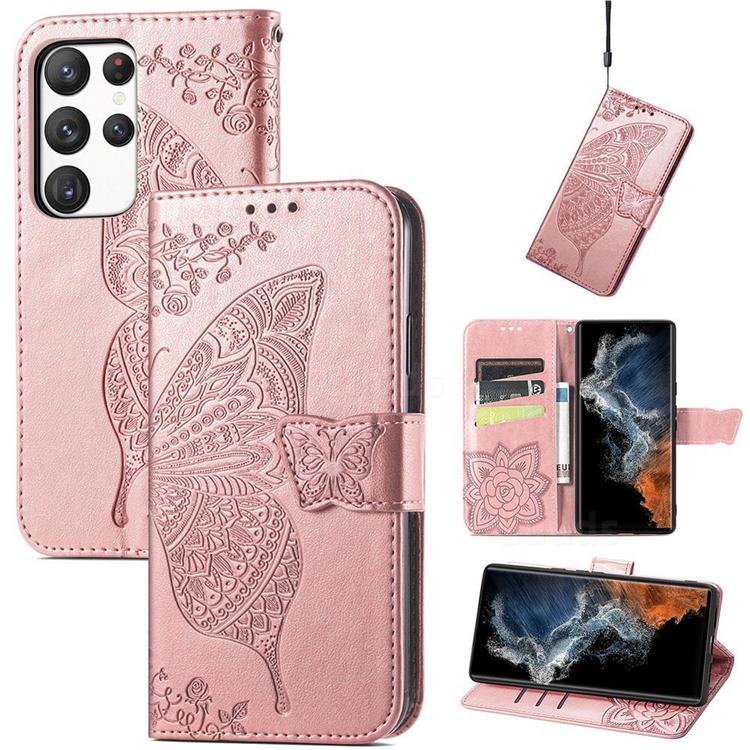 Embossing Mandala Flower Butterfly Leather Wallet Case for Samsung Galaxy S23 Ultra - Rose Gold