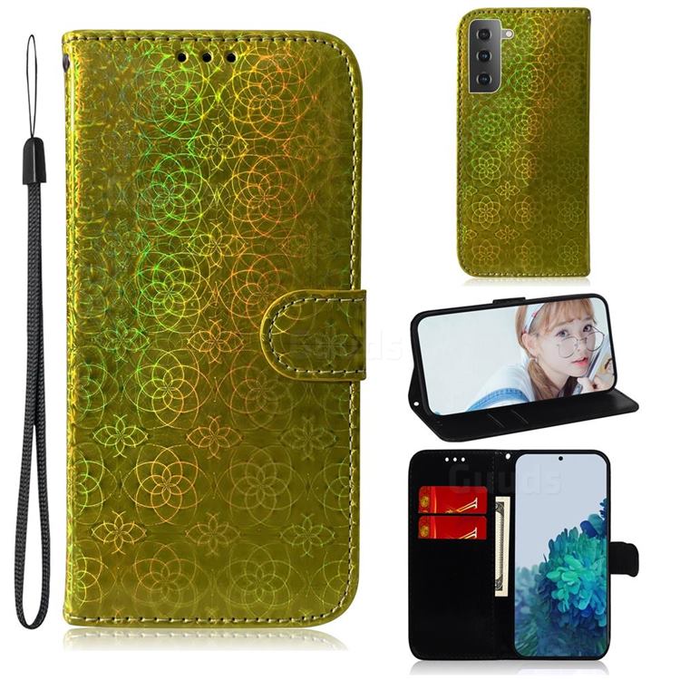 Laser Circle Shining Leather Wallet Phone Case for Samsung Galaxy S21 / Galaxy S30 - Golden