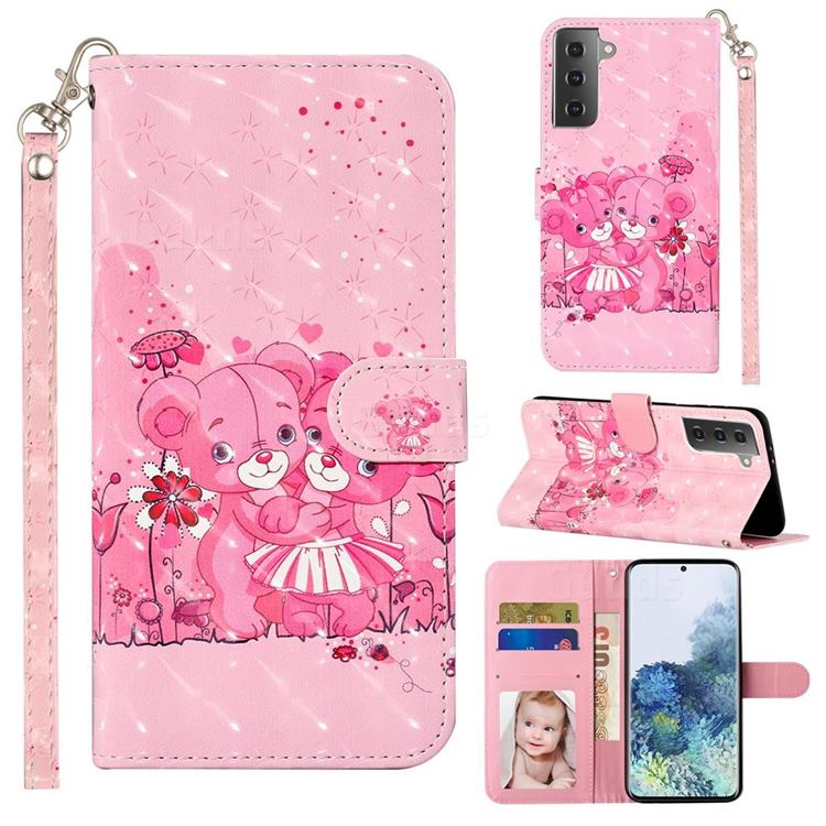 Pink Bear 3D Leather Phone Holster Wallet Case for Samsung Galaxy S21 / Galaxy S30