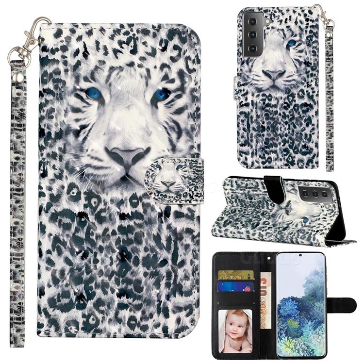 White Leopard 3D Leather Phone Holster Wallet Case for Samsung Galaxy S21 / Galaxy S30