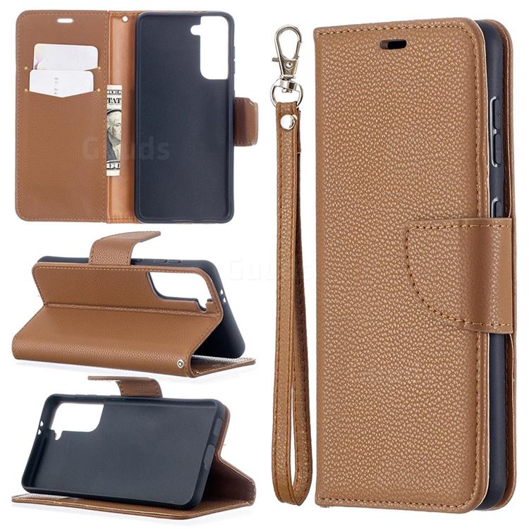 Classic Luxury Litchi Leather Phone Wallet Case for Samsung Galaxy S21 / Galaxy S30 - Brown