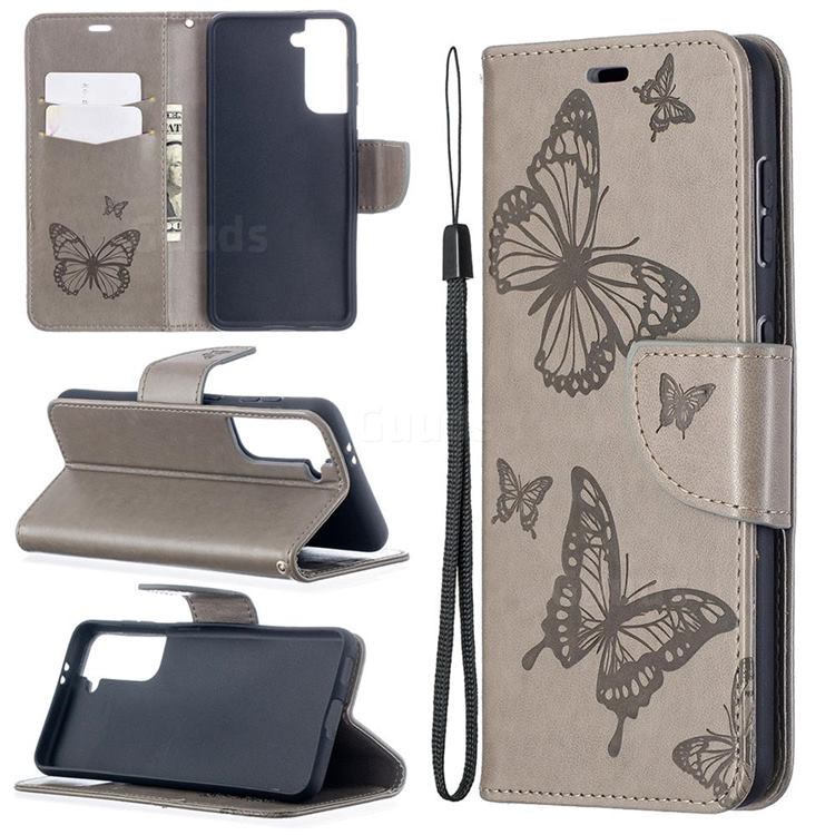 Embossing Double Butterfly Leather Wallet Case for Samsung Galaxy S21 / Galaxy S30 - Gray