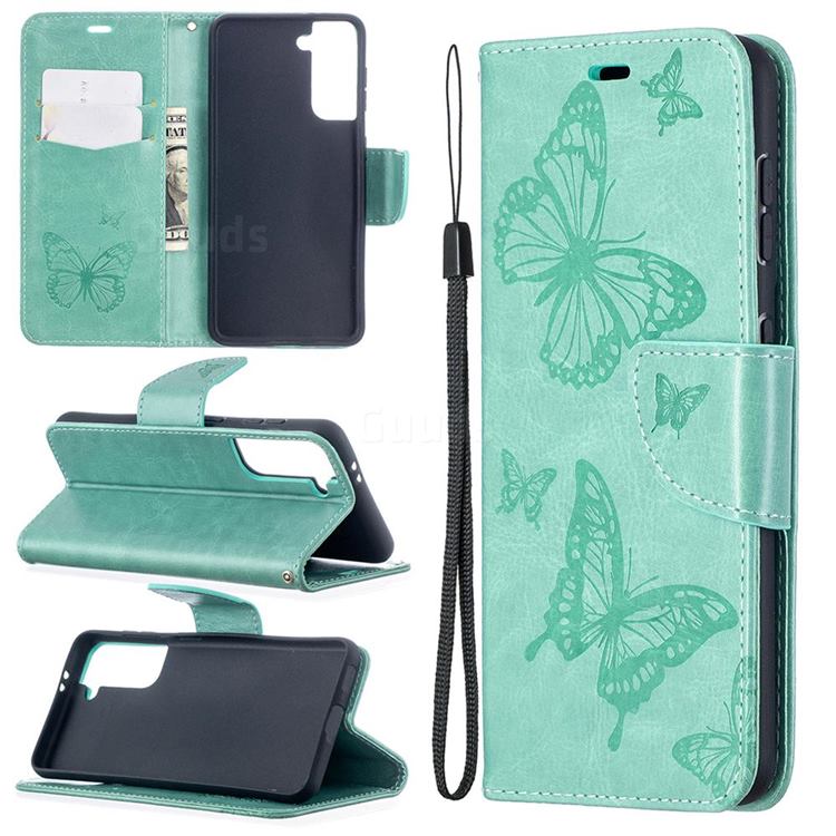 Embossing Double Butterfly Leather Wallet Case for Samsung Galaxy S21 / Galaxy S30 - Green