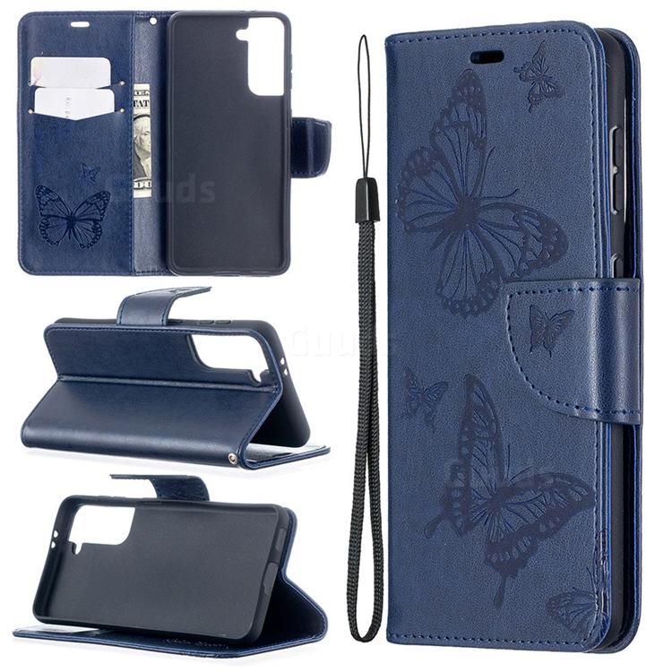 Embossing Double Butterfly Leather Wallet Case for Samsung Galaxy S21 / Galaxy S30 - Dark Blue