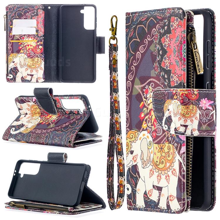 Totem Flower Elephant Binfen Color BF03 Retro Zipper Leather Wallet Phone Case for Samsung Galaxy S21 / Galaxy S30