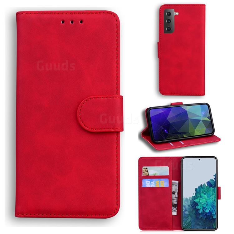 Retro Classic Skin Feel Leather Wallet Phone Case for Samsung Galaxy S21 / Galaxy S30 - Red