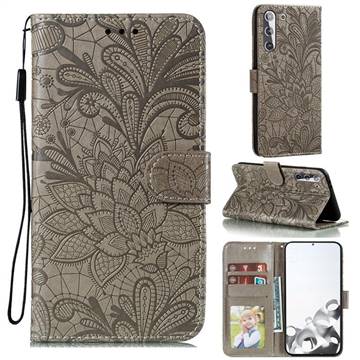 Intricate Embossing Lace Jasmine Flower Leather Wallet Case for Samsung Galaxy S21 / Galaxy S30 - Gray