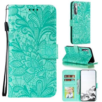 Intricate Embossing Lace Jasmine Flower Leather Wallet Case for Samsung Galaxy S21 / Galaxy S30 - Green
