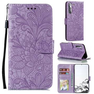 Intricate Embossing Lace Jasmine Flower Leather Wallet Case for Samsung Galaxy S21 / Galaxy S30 - Purple