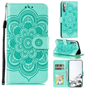Intricate Embossing Datura Solar Leather Wallet Case for Samsung Galaxy S21 / Galaxy S30 - Green