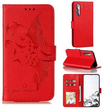 Intricate Embossing Lychee Feather Bird Leather Wallet Case for Samsung Galaxy S21 / Galaxy S30 - Red