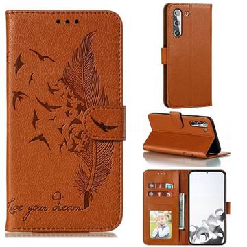 Intricate Embossing Lychee Feather Bird Leather Wallet Case for Samsung Galaxy S21 / Galaxy S30 - Brown