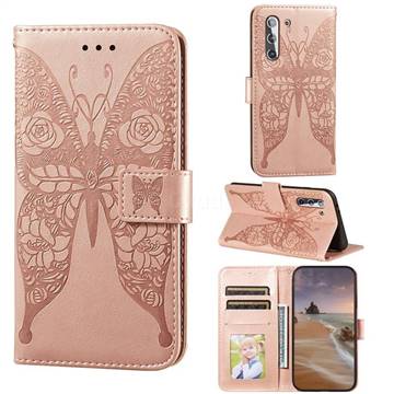 Intricate Embossing Rose Flower Butterfly Leather Wallet Case for Samsung Galaxy S21 / Galaxy S30 - Rose Gold