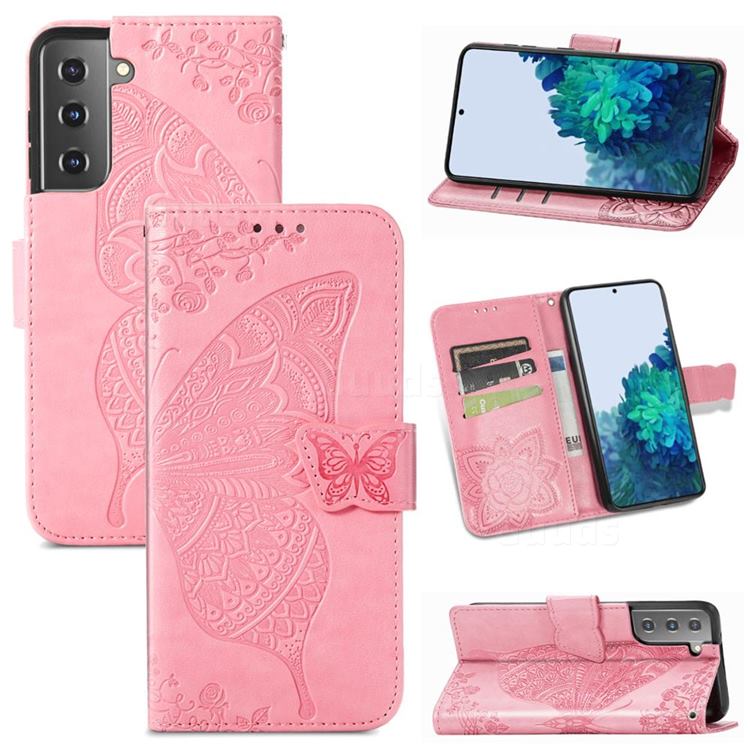 Embossing Mandala Flower Butterfly Leather Wallet Case for Samsung Galaxy S21 / Galaxy S30 - Pink