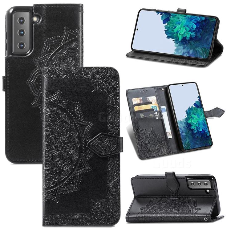 Embossing Imprint Mandala Flower Leather Wallet Case for Samsung Galaxy S21 / Galaxy S30 - Black
