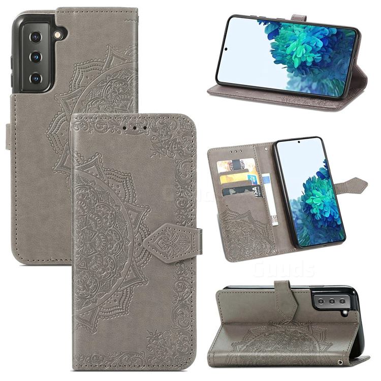 Embossing Imprint Mandala Flower Leather Wallet Case for Samsung Galaxy S21 / Galaxy S30 - Gray
