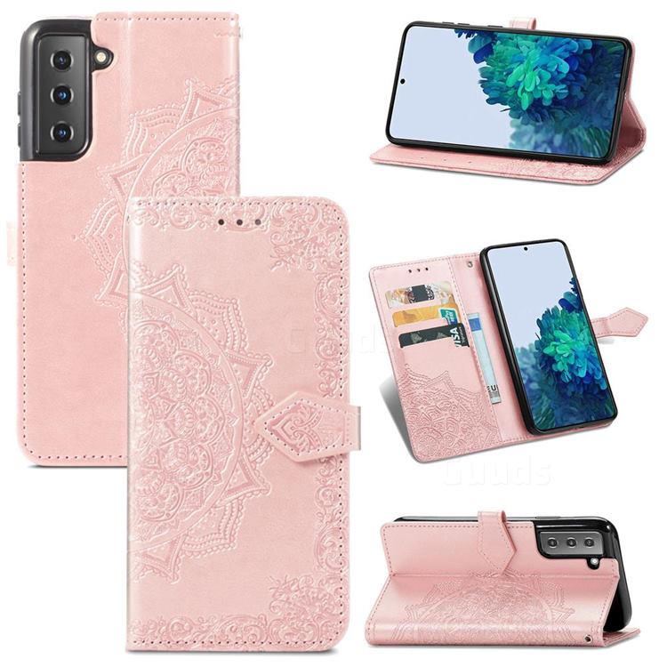 Embossing Imprint Mandala Flower Leather Wallet Case for Samsung Galaxy S21 / Galaxy S30 - Rose Gold