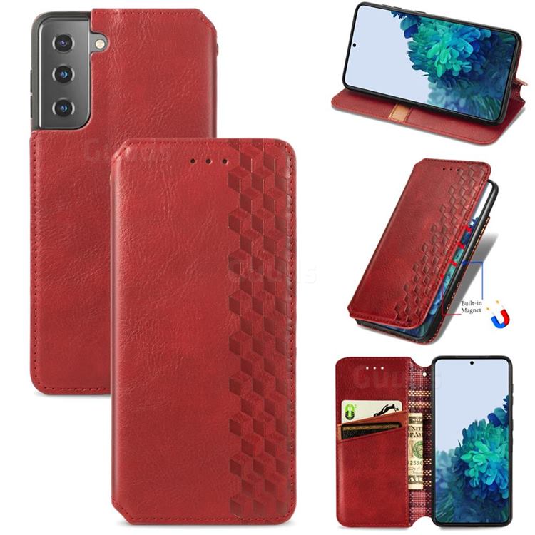 Ultra Slim Fashion Business Card Magnetic Automatic Suction Leather Flip Cover for Samsung Galaxy S21 / Galaxy S30 - Red
