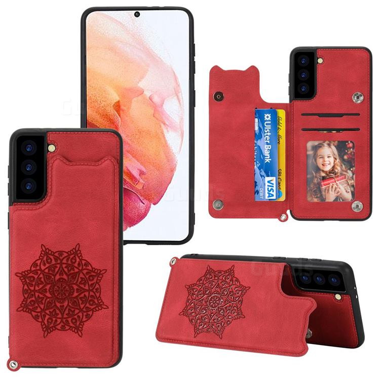 Luxury Mandala Multi-function Magnetic Card Slots Stand Leather Back Cover for Samsung Galaxy S21 - Red