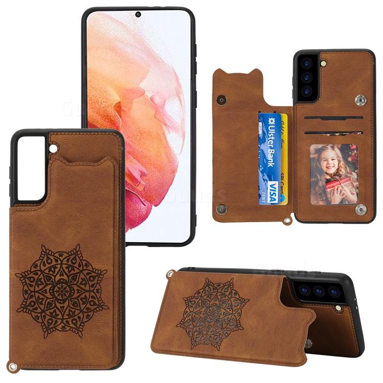 Luxury Mandala Multi-function Magnetic Card Slots Stand Leather Back Cover for Samsung Galaxy S21 - Brown