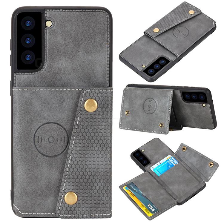 Retro Multifunction Card Slots Stand Leather Coated Phone Back Cover for Samsung Galaxy S21 - Gray