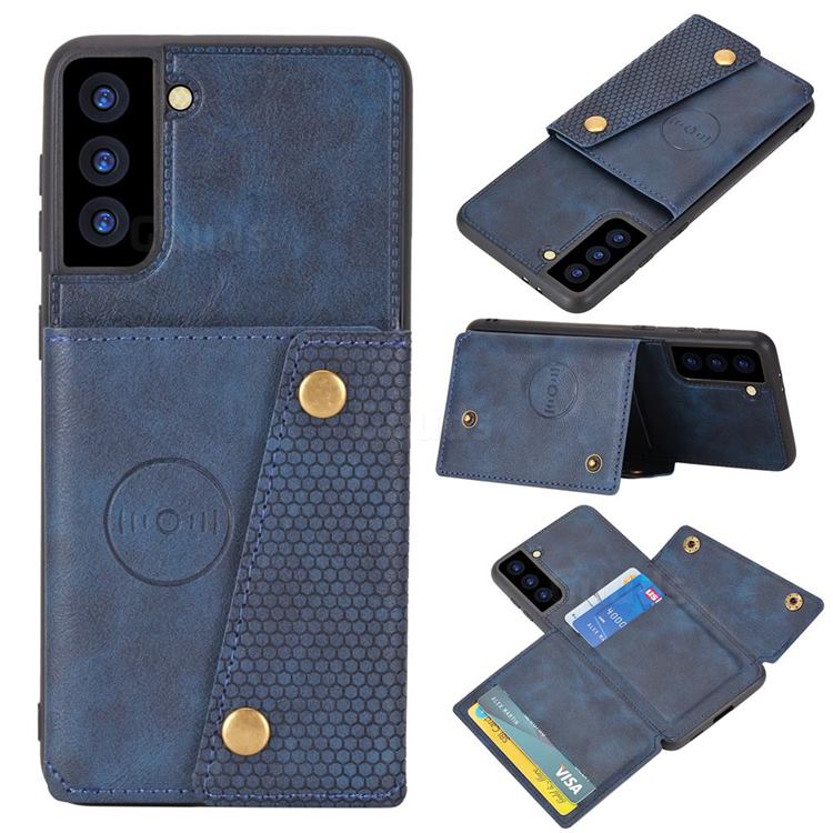 Retro Multifunction Card Slots Stand Leather Coated Phone Back Cover for Samsung Galaxy S21 - Blue