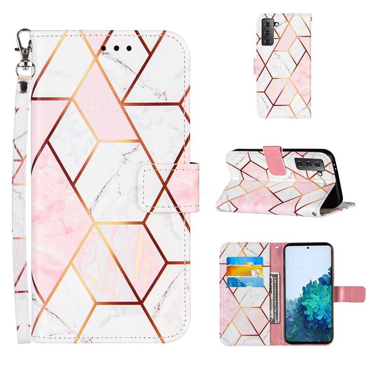 Pink White Stitching Color Marble Leather Wallet Case for Samsung Galaxy S21