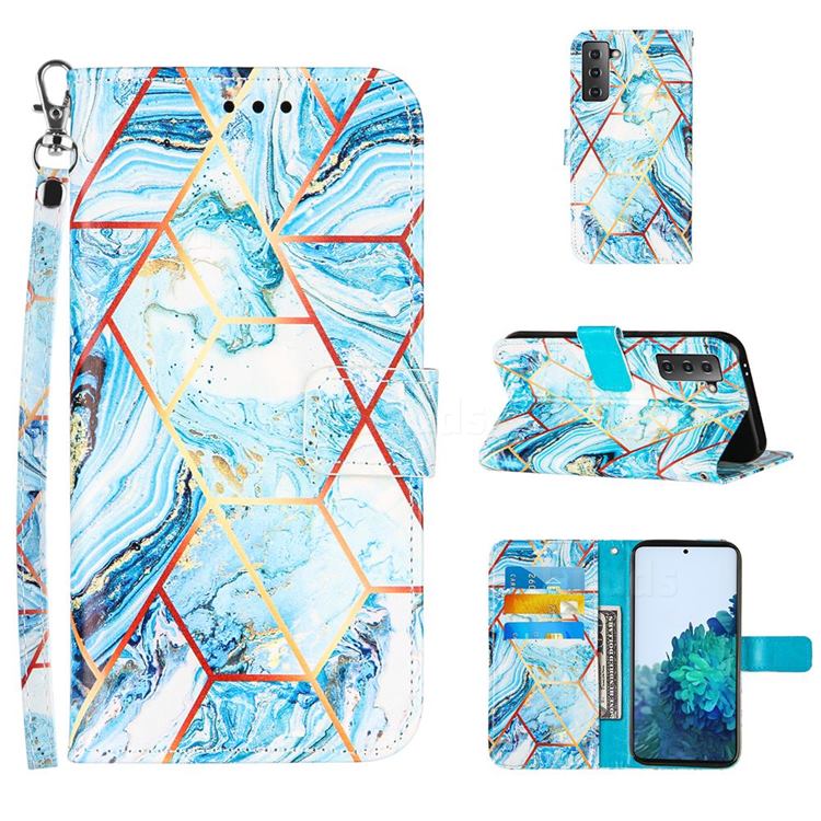 Lake Blue Stitching Color Marble Leather Wallet Case for Samsung Galaxy S21