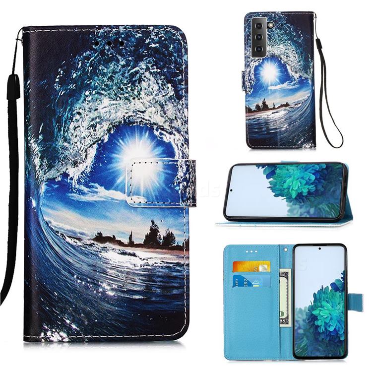 Waves and Sun Matte Leather Wallet Phone Case for Samsung Galaxy S21