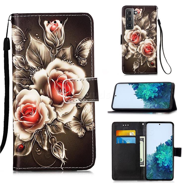 Black Rose Matte Leather Wallet Phone Case for Samsung Galaxy S21