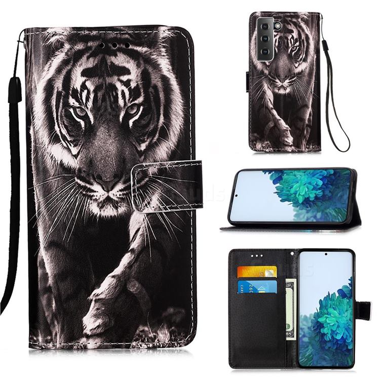 Black and White Tiger Matte Leather Wallet Phone Case for Samsung Galaxy S21