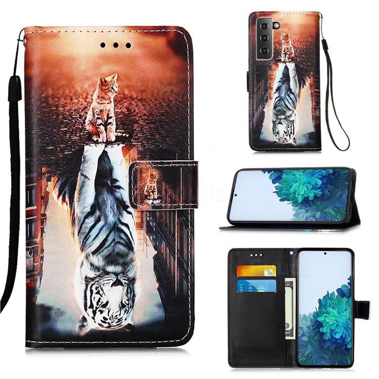 Cat and Tiger Matte Leather Wallet Phone Case for Samsung Galaxy S21