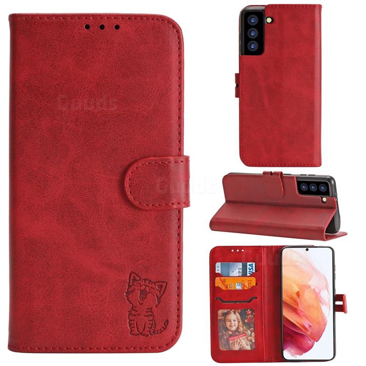 Embossing Happy Cat Leather Wallet Case for Samsung Galaxy S21 - Red