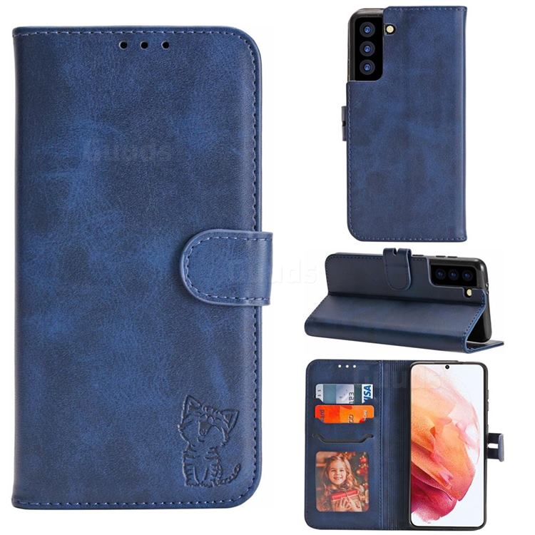 Embossing Happy Cat Leather Wallet Case for Samsung Galaxy S21 - Blue